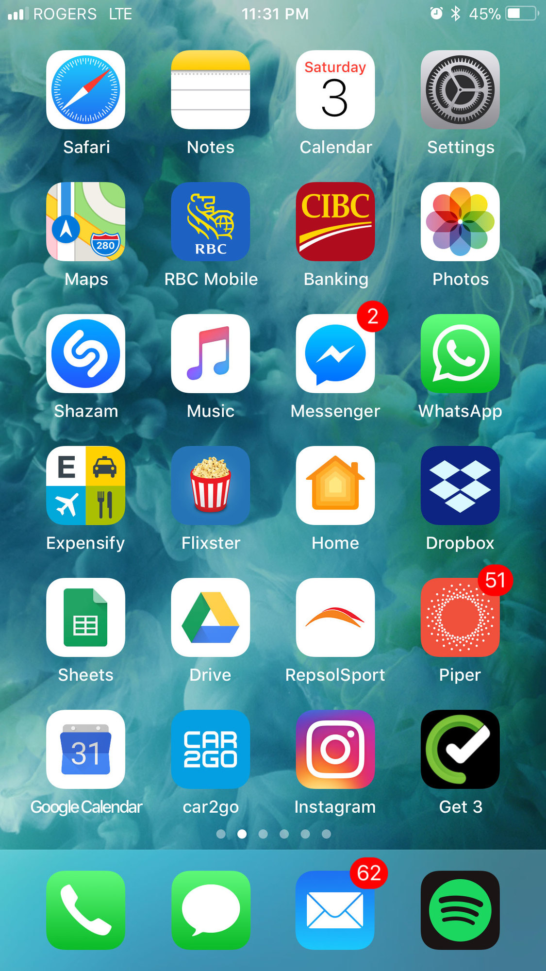 Shea's iPhone home screen, circa 2018